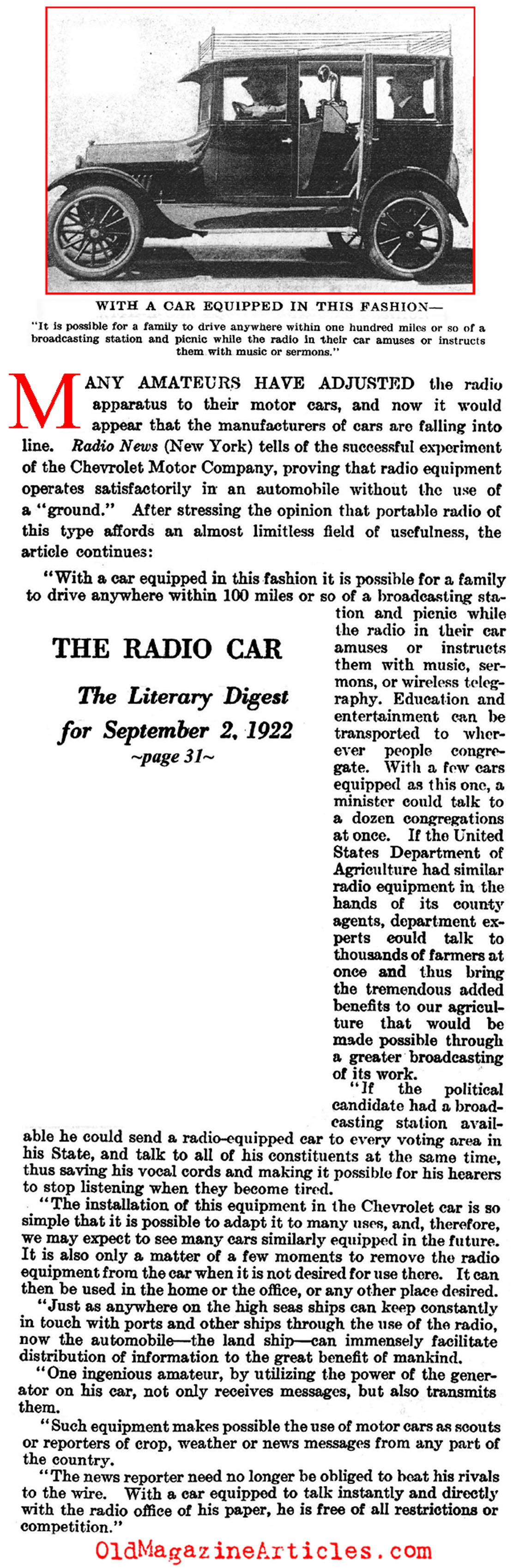 The First Car Radio (Literary Digest, 1922)